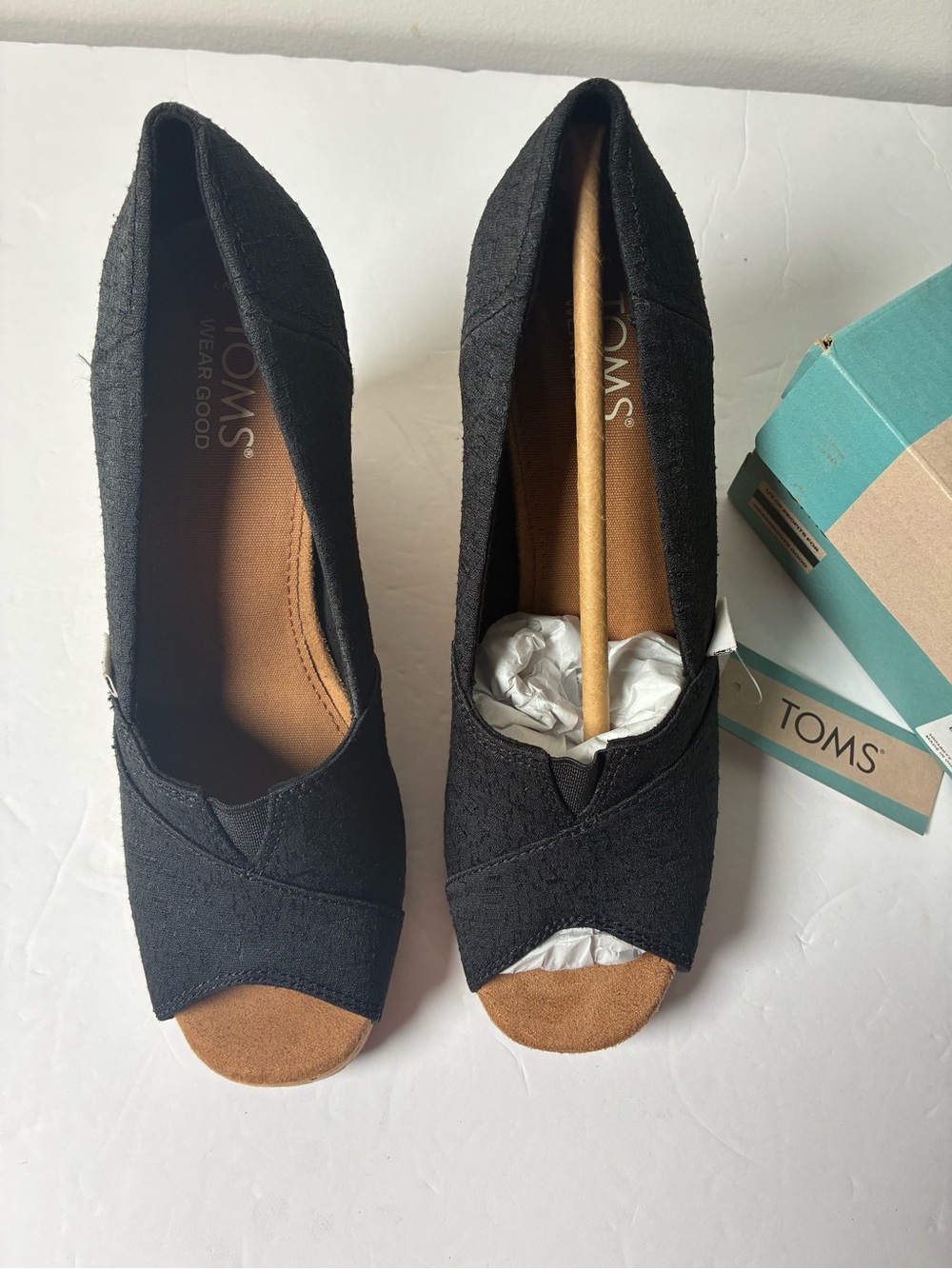 TOMS Black Canvas Peep-Toe Wedges